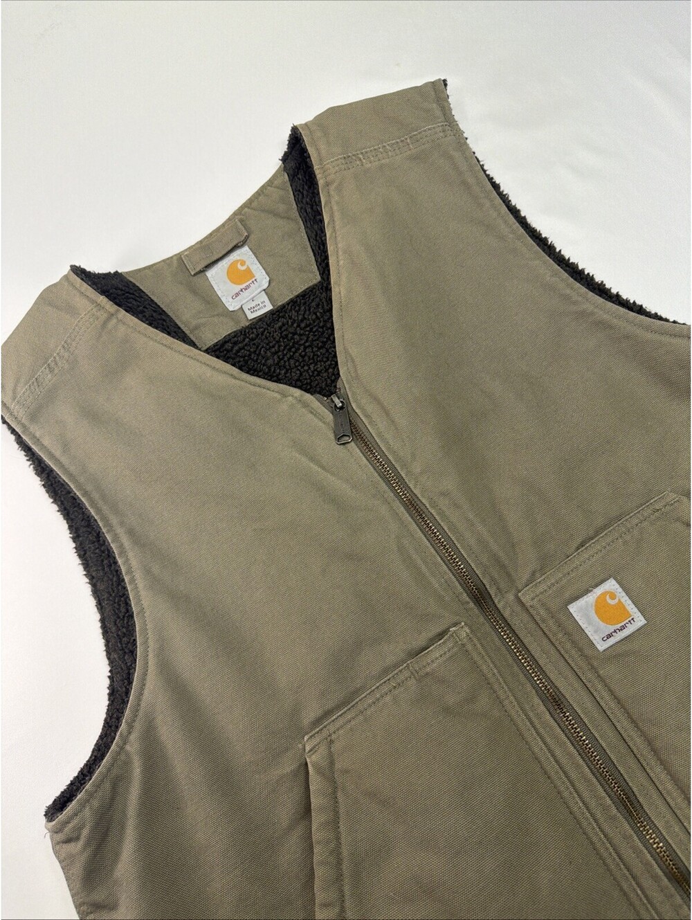 Carhartt Canvas Vest Sherpa Lined Full Zip Sandatone Mens Large Workwear Outdoor